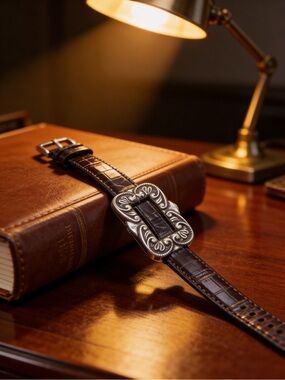 Black Leather Belt with Ornate Silver Buckle